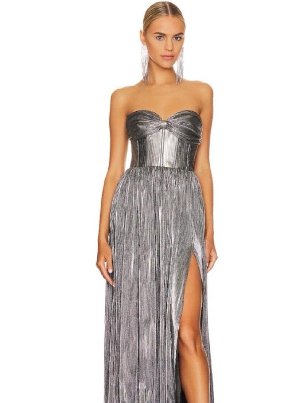 Bronx and Banco Florence Strapless Silver Metallic Evening Gown